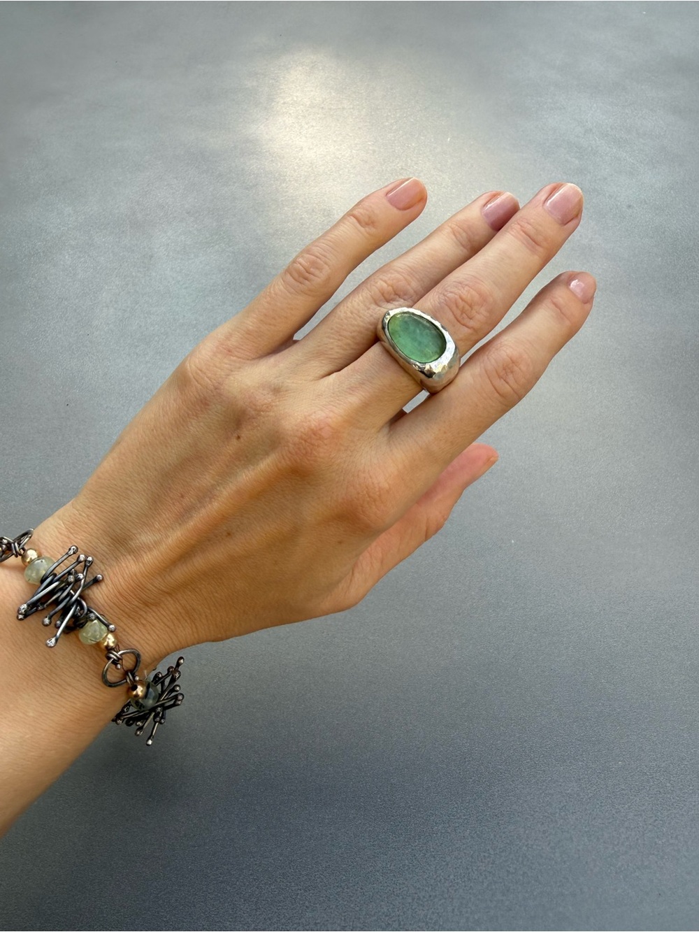 Sterling Silver Statement Ring 925 | Green Glass | Size 9-10 | Artisan Handmade